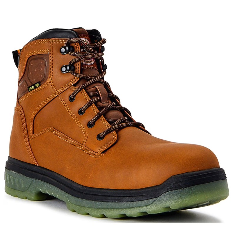 Brahma tan leather steel toe work boot with green rubber outsole and dark laces on white background