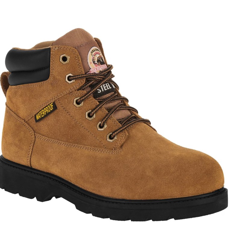Brahma tan suede waterproof steel toe lace-up work boot with black outsole on white background